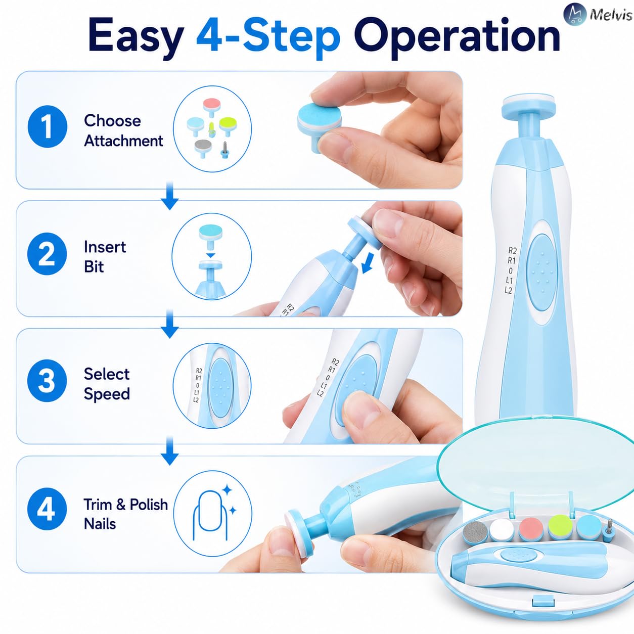 MELVIS Electric Baby Nail Trimmer with LED Light | Gentle Nail Cutter & Filer for Newborn 0β6 Months | Adjustable Speed, Multiple Heads, Quiet Baby Grooming Kit 3