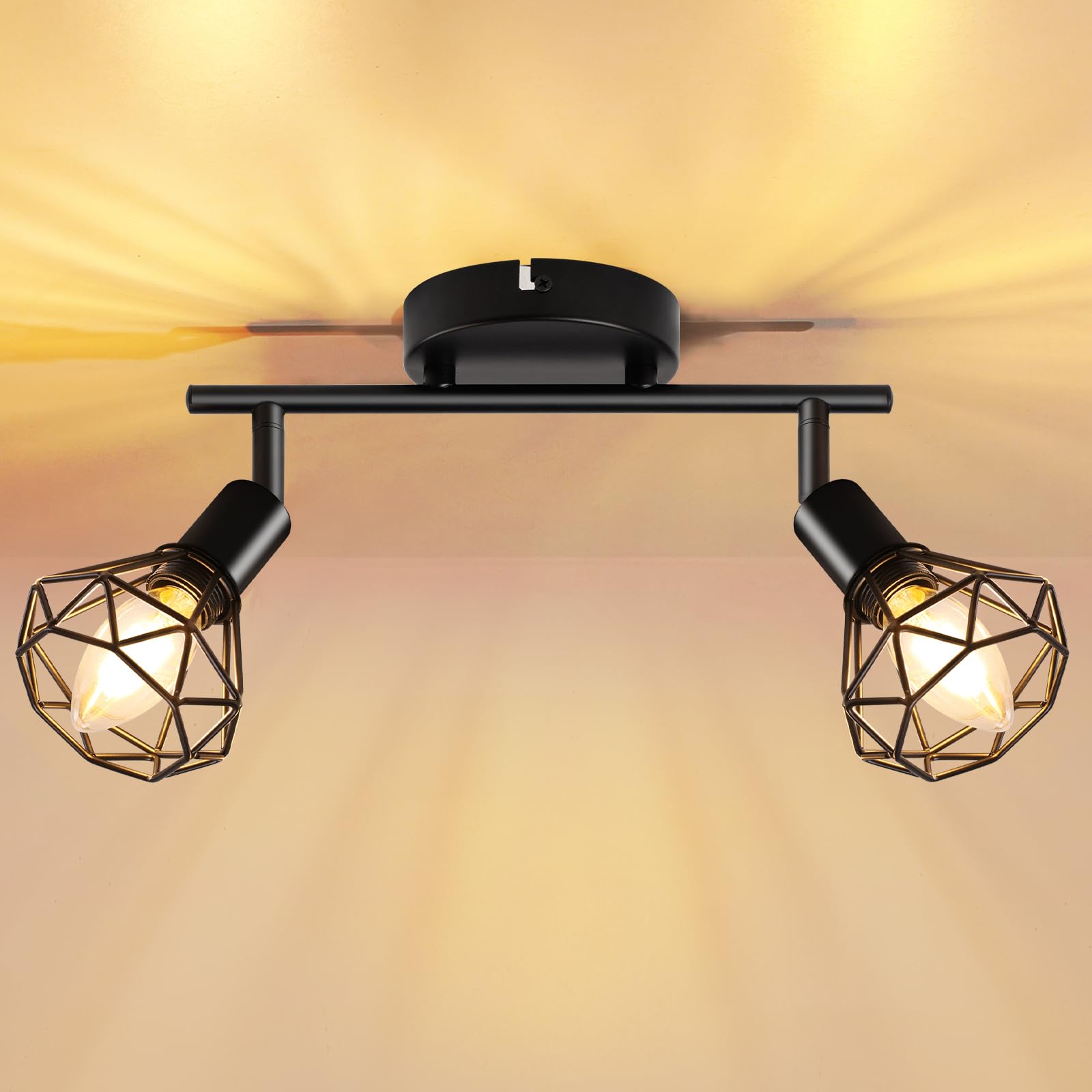 GeyouLux Keuken Zwart Spot Licht Plafond, 3 Weg Industriële Verstelbare Schijnwerpers Verstelbare 350° Plafondverlichting Met Draadkooi met E14-voet (Geen Lamp), Lichtarmaturen voor Keuken Hal
