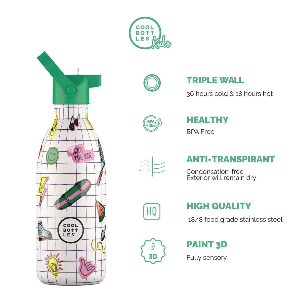 Cool Bottles – Edelstahl-Wasserflasche für Kinder, Thermosflasche für Kinder, Getränke 36 Stunden kalt und 18 Stunden warm – Play Mode 500ml
