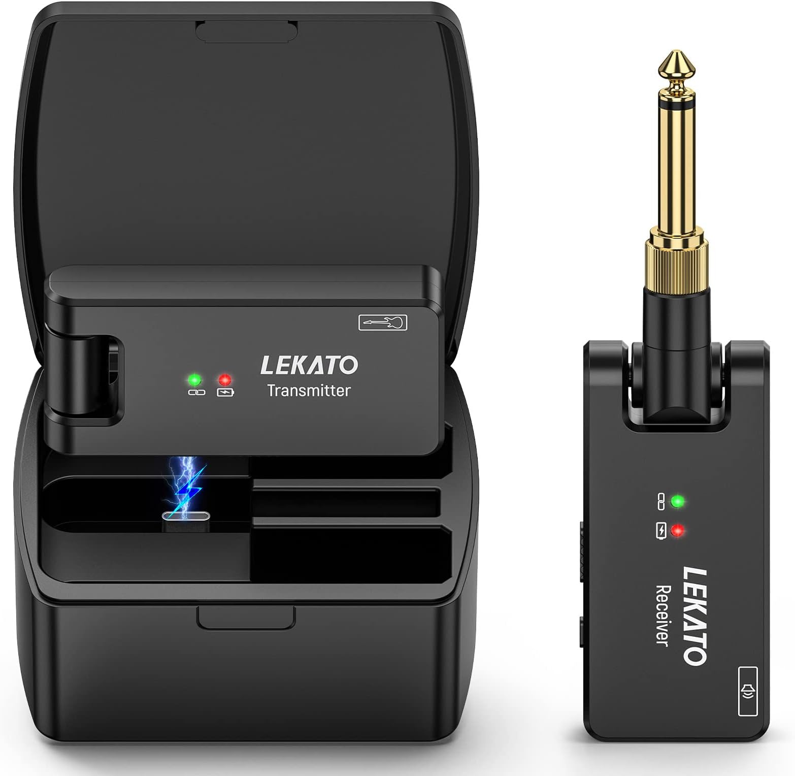 Wireless Guitar System with Charging Case, Rechargeable 2.4GHz Wireless Transmitter Receiver Guitar Wireless System 4 Channels with Dual Plugs 3.5mm/6.35mm,(WS-100)