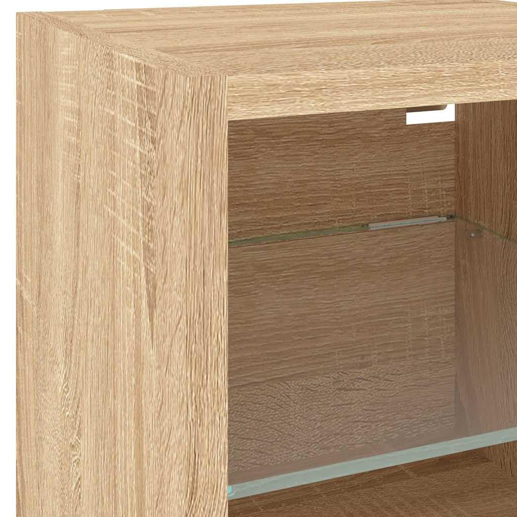 8-TLG. Wohnwand Sonoma Roble Holzwerkstoff, Wandmontage RGB-LED-Beleuchtung Stauraum für Wohnzimmer, Medien & Bücher 30x28,5x30cm, Feuchtigkeitsbeständig