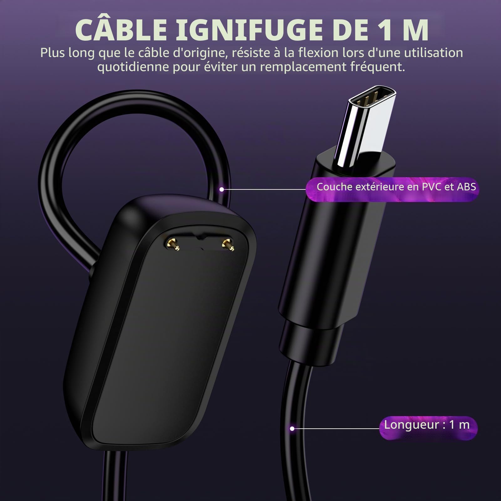 Câble de Charge USB C Compatible avec Fitbit Charge 6/Charge 5/Luxe, 1 PCS | 1Mètre Câble de Chargement Magnétique pour Fitbit Charge 6 Charge 5 Smartwatch avec Adaptateur Type C vers USB A