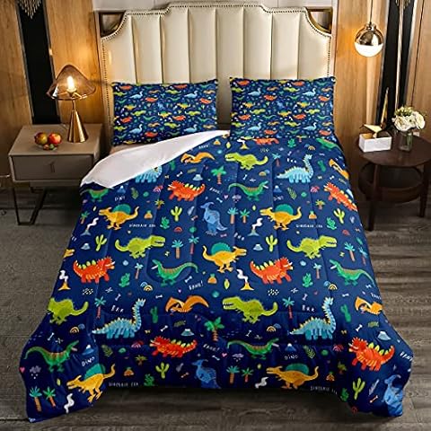 Loussiesd Kinder Dinosaurier Steppbett Jungen Mädchen Niedlich Karikatur Dino Bettdecke 135x200cm Kinder Dschungeltier Dinosaurier Dekor 4-Jahreszeiten Bettdecke Mikrofaser Blau Wild Schlafzimmer Cover
