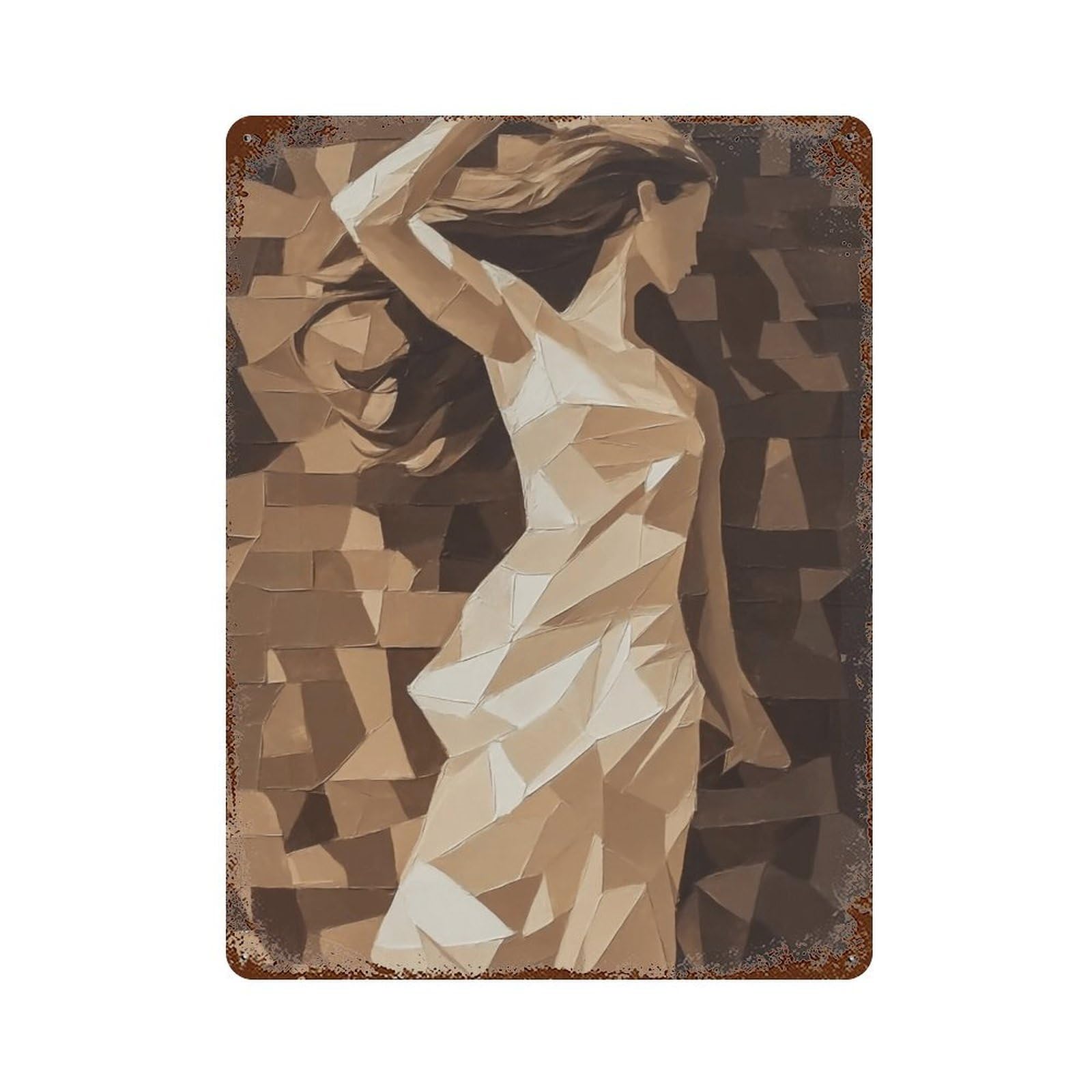 WUJHGRSG Impasto Earth Tone Geometric Mosaic Classical Female 02 Wall Art Retro Iron Vintage Metal Tin Sign Poster Modern Decor for Home Cofffee Club Bar Shop Style 40x30cm