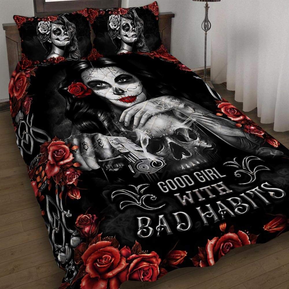 GEEMBI Quilt Bedding Set-Skull Girl. Good Girl with Bad Habits Quilt Bed Set THB2552QS, Queen Size C