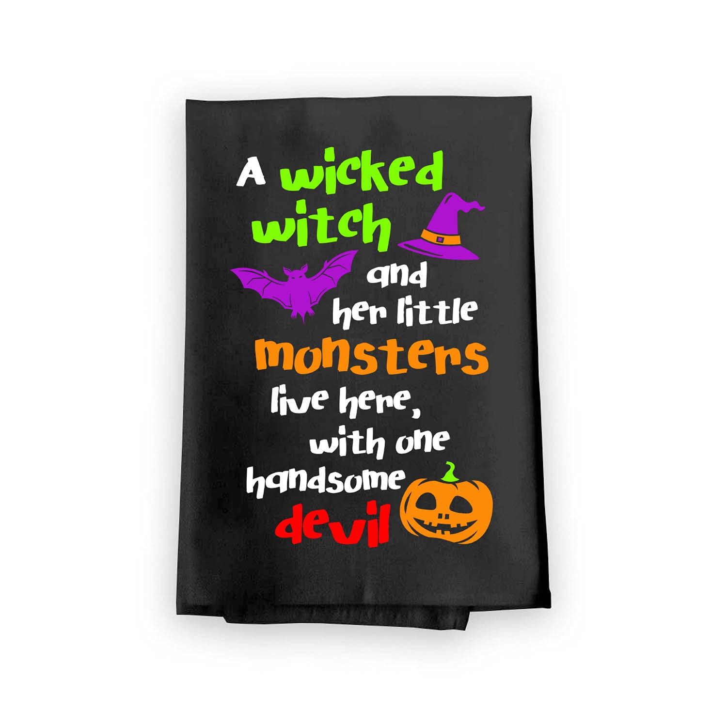Honey Dew GiftsA Wicked Witch and Her Little Monsters Live Here, with One Handsome , Halloween Kitchen Towels, 27 Inch by 27 Inch, Cotton,, Halloween Kitchen, Flour Sack Towel