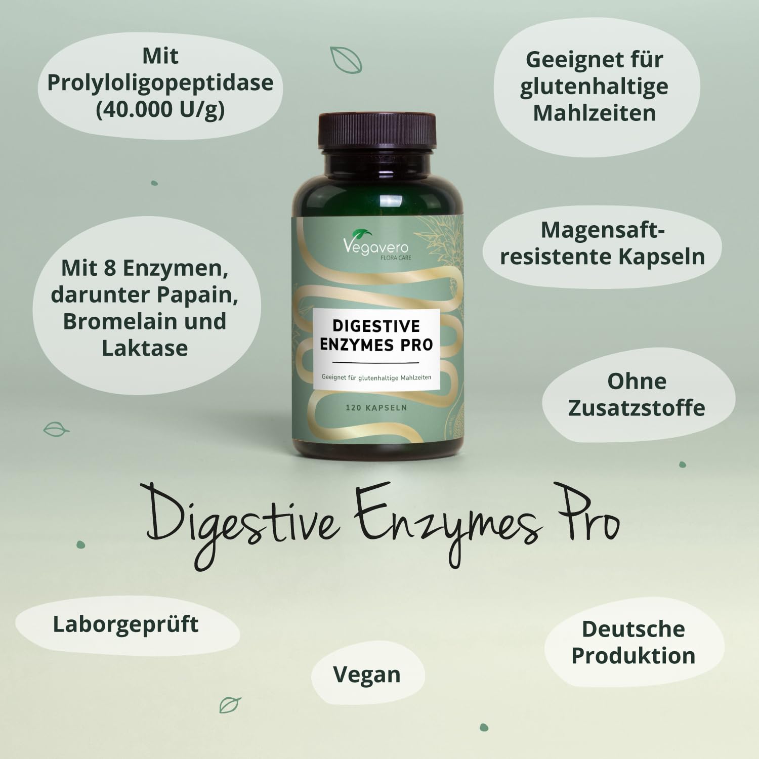 Vegavero Digestive Enzymes Pro 120 Kapseln - Hochdosierter Enzymkomplex mit Lactase & Prolyl-Oligopeptidase - Verdauungsenzyme für Gluten-, Fett- & Kohlenhydratspaltung - Magensaftresistent & Vegan