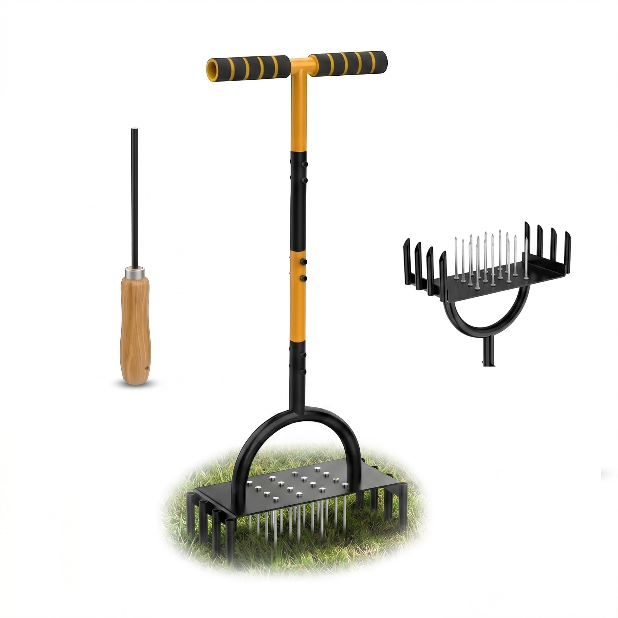 Aireador Manual de césped 2 en 1, con 16 púas y 8 núcleos Huecos, 98 cm, con Barra de Apoyo y Mango en T, Herramienta Ligera para airear césped compactado (Black)