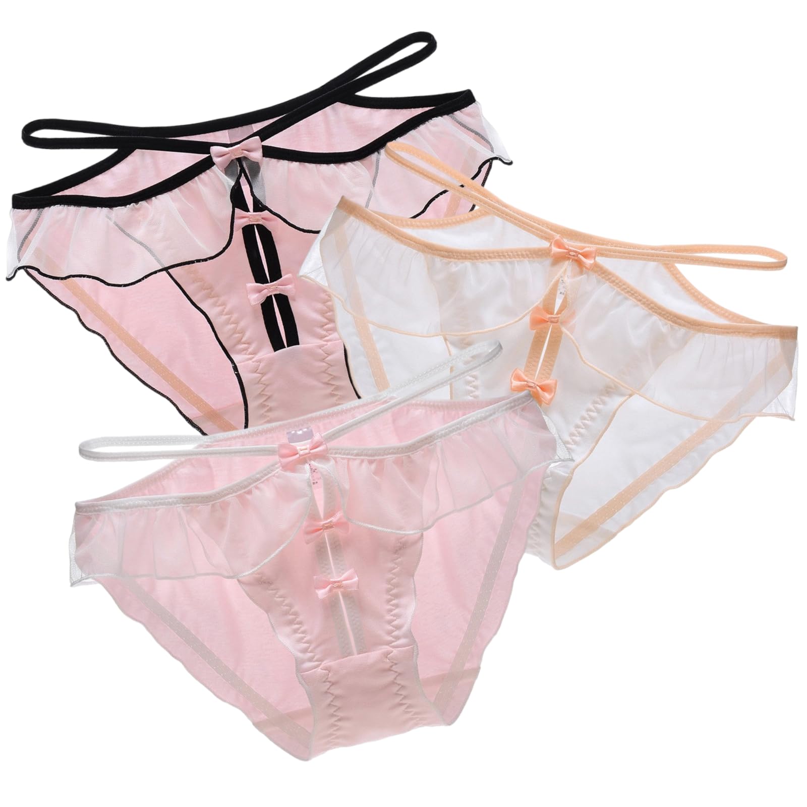 Women's Panties, Milk Fiber, Smooth and Gentle to the Skin, Sexy, Low-Rise, Bare Skin Feel, Breathable, Comfortable, Super Cute Ribbon, Student Girl Atmosphere, Princess Lolita, 3 Pieces