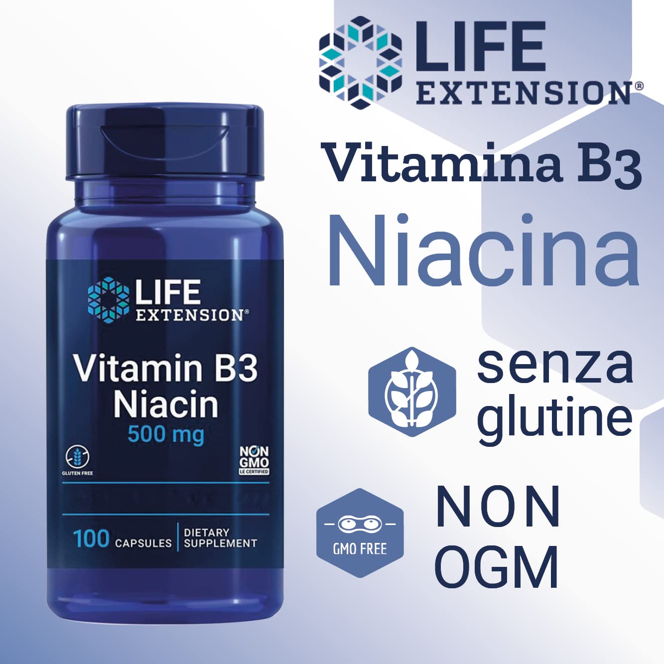 Life Extension, Niacina (Vitamina B3), 500 mg, Altamente Dosata, 100 Capsule, Testata in Laboratorio, Senza Glutine, Senza Soia, Non OGM
