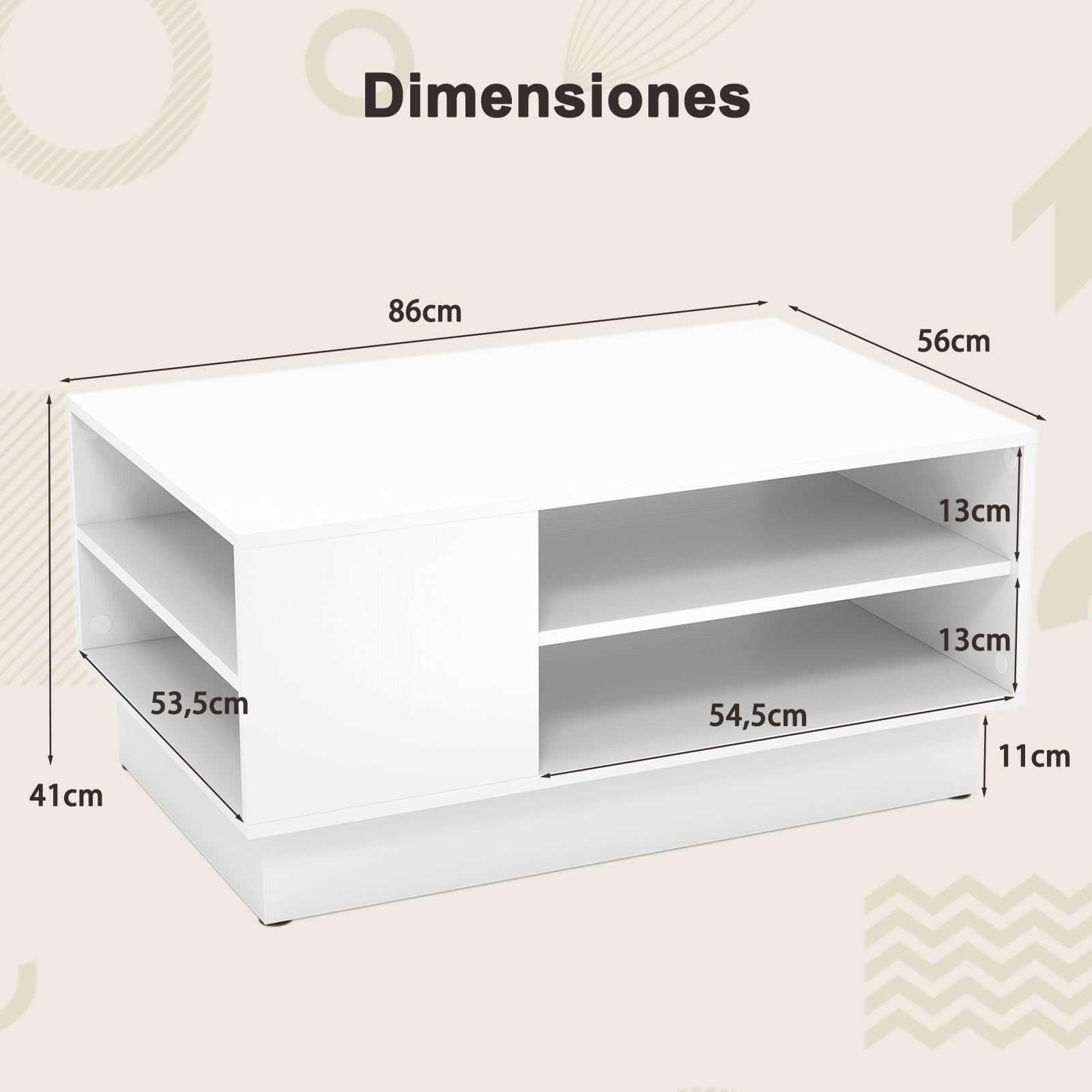 GOPLUS Mesa de Centro, Mesa de Café con Estantes Abiertos de Almacenaje, Base Recesada y Almohadillas Antideslizantes, Mesa Rectangular Moderna para Salón Oficina, Carga 60+20KG, 86x56x41cm (Blanco)