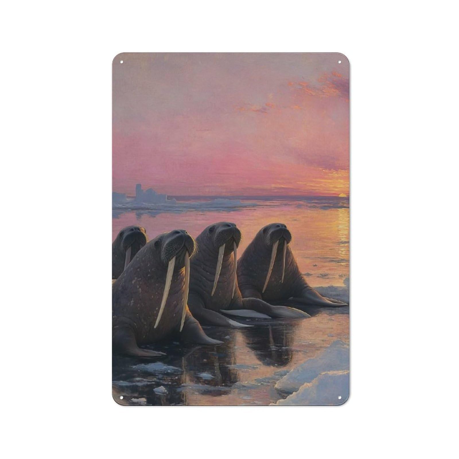 Junmoney Walruses At Sunset Decorative Metal Plaque 30X20cm, Clean Industrial Industrial Wall Decor For Modern Home, Workshop, Office Or Cafe