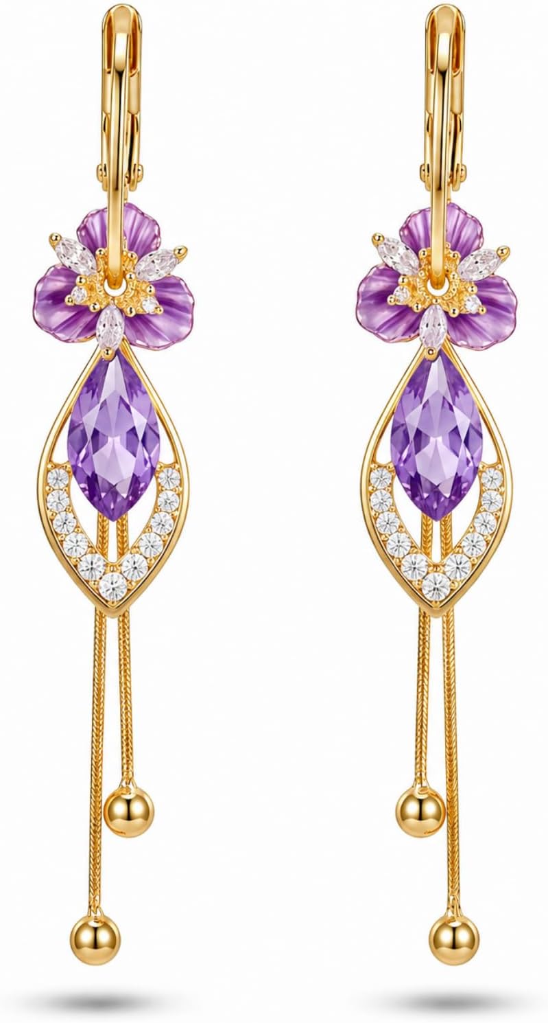 14K gold plated Purple Flower Dangle Chandelier Drop Earrings for Women Hypoallergenic Cubic Zirconia Elegant Statement Jewelry Gifts