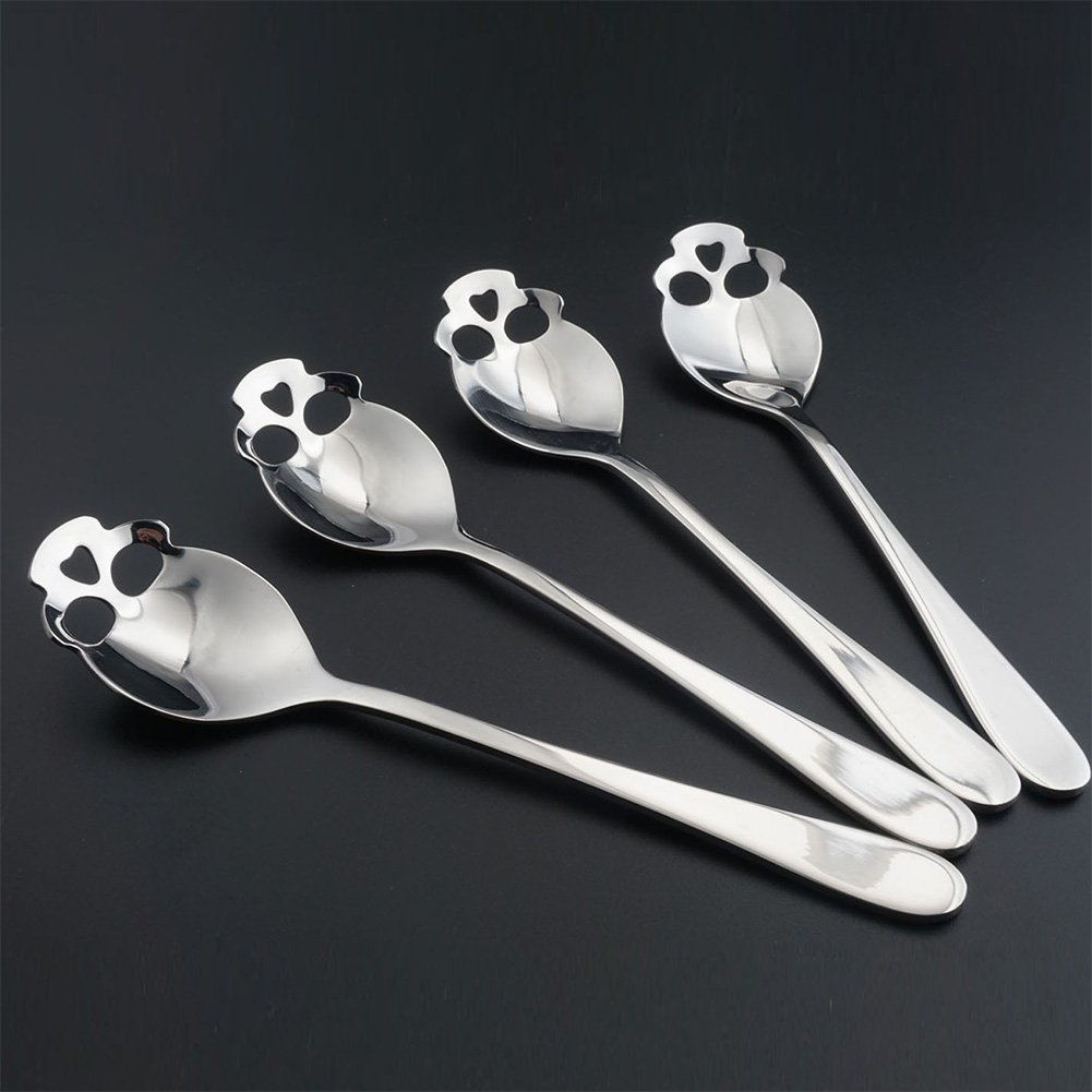 ELEOPTION Coffee Spoon Teaspoon Mini Sugar Spoon 6 inch, Sterling Quality Stainless Steel Skull Tea Metal Carved for Coffee Te Cake Sugar Dessert Ice Cream Spoon (Silver 2Pcs)
