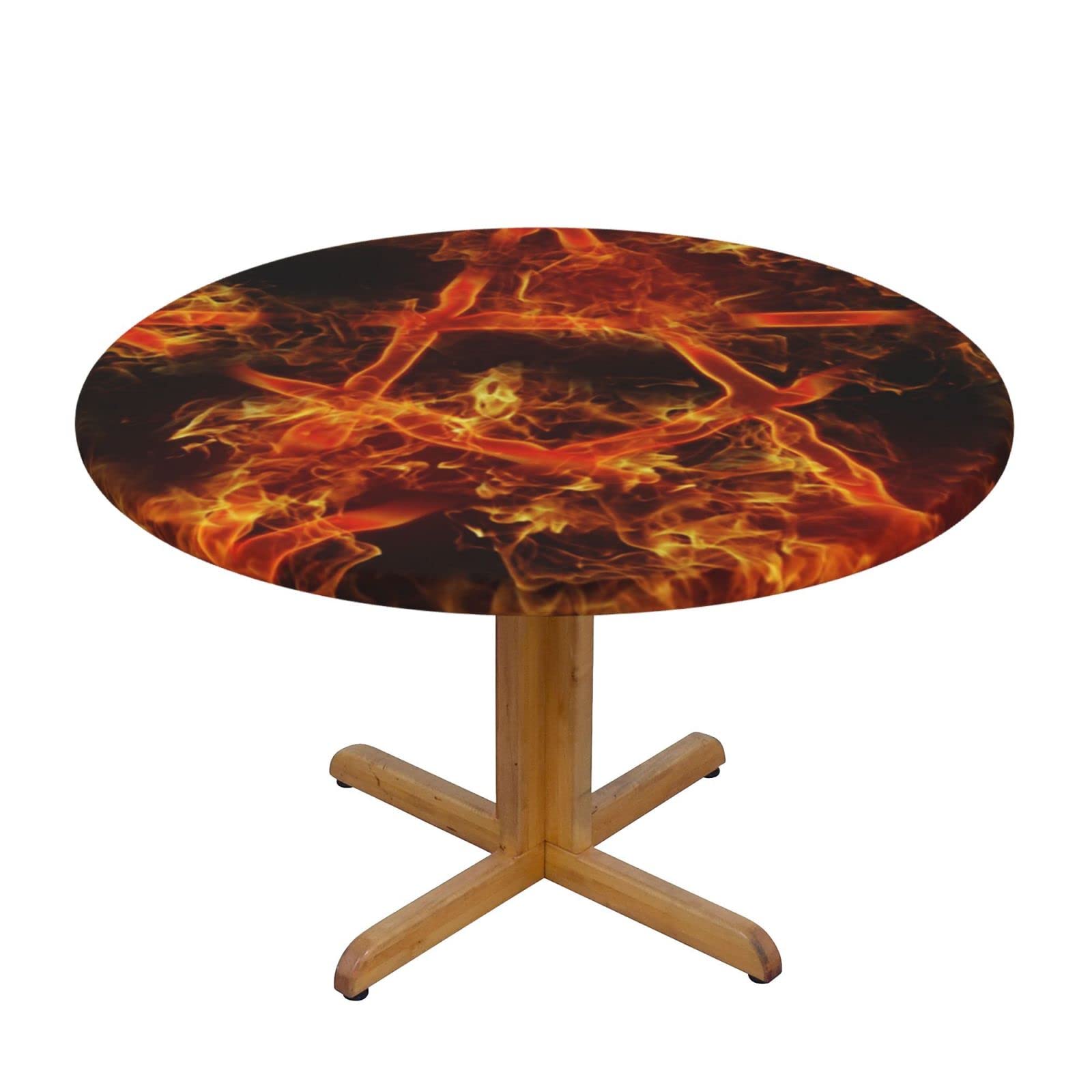 Lsjuee Round Fitted Tablecloth 40-44in Elastic Edged Table Cloth for Kitchen Dining Party Home Decor - Pentagram Flame Fire Magic Black