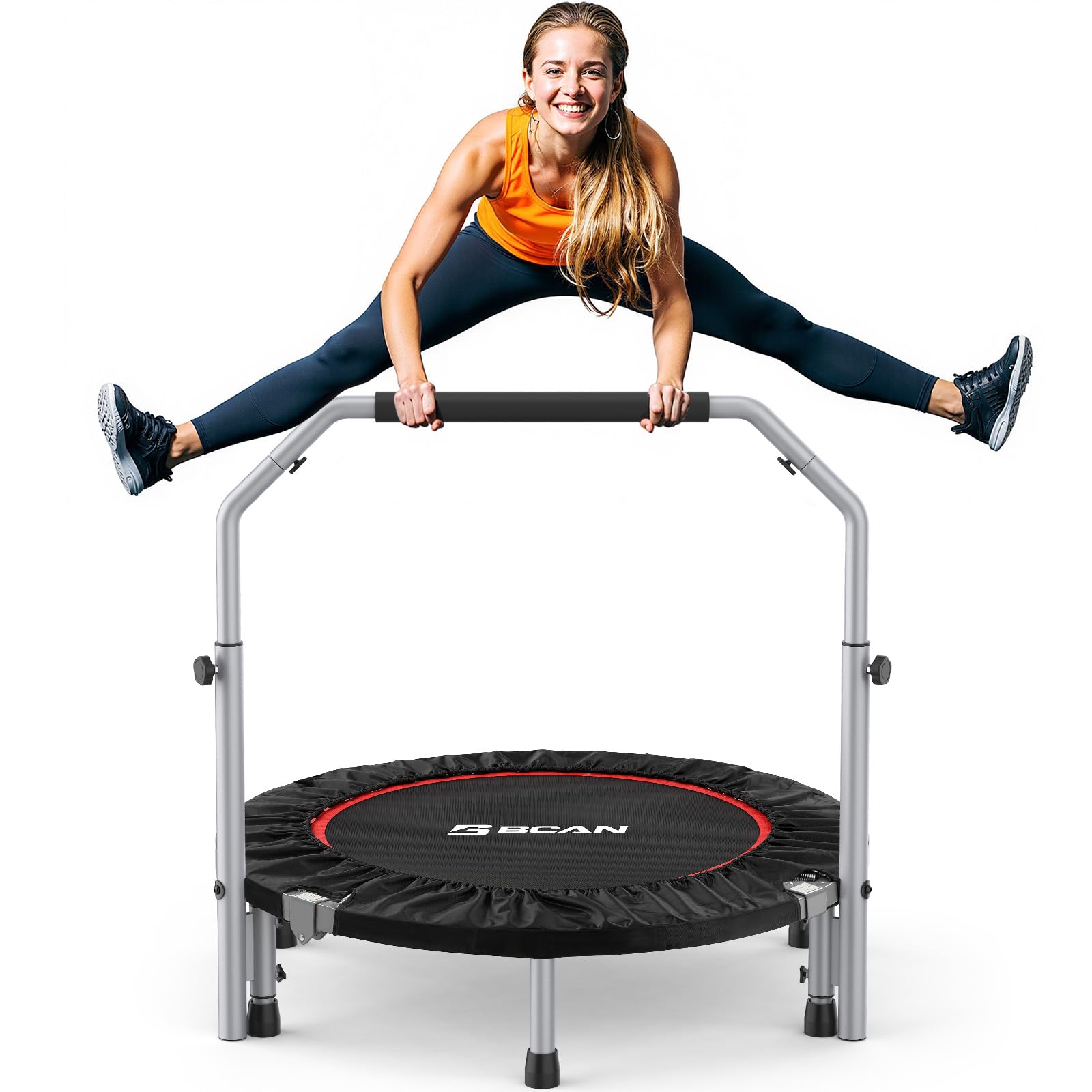 BCAN 40/48" Foldable Mini Trampoline Max Load 330lbs/440lbs, Fitness Rebounder with Adjustable Foam Handle, Exercise Trampoline for Adults Indoor/Garden Workout