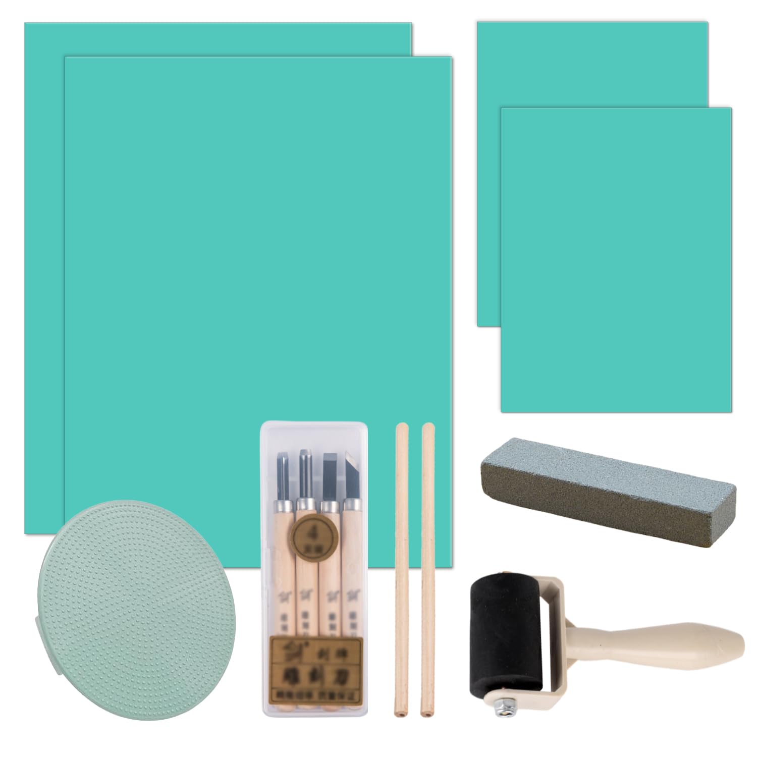 13 Pz Linoleum per Incisione A4 e A6 Gomma Eva Verde Spessore 3 mm Pannelli di Linoleum Gomma Crepla Include Coltello Intaglio Rullo Pietra per Affilare per Topografia Incisione Scrapbooking Pittura
