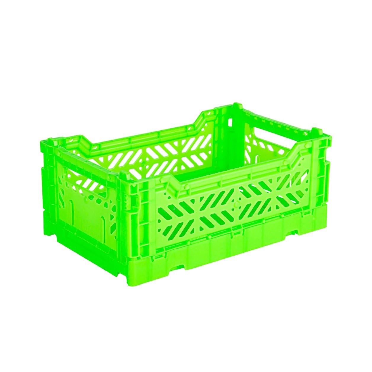 Ay-Kasa Folding Crate, Sturdy Folding Box, Plastic, Stackable, Neon Green, Mini (27 x 17 x 11 cm)