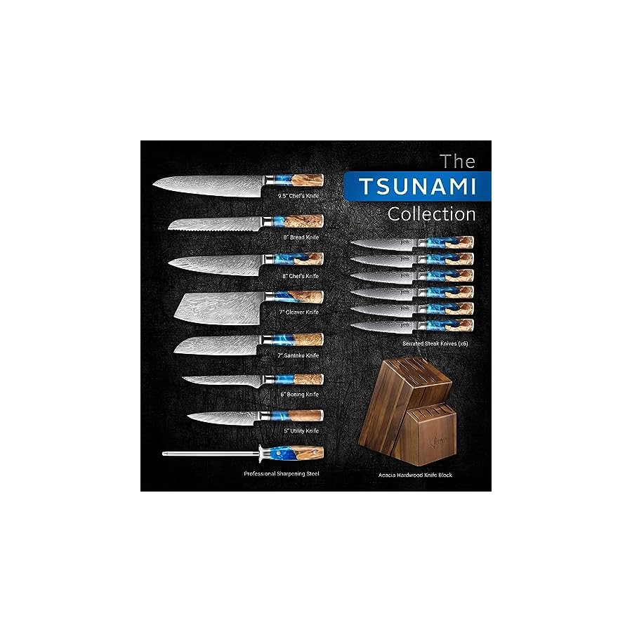 SENKEN-15-Piece-Damascus-Knife-Block-Set-Tsunami-Collection-Japanese-Chef-Knife-Set-67-Layer-Japanese-VG10-Steel-Blades-Includes-Chef-Knife-Cleaver-Bread-Knife-6-Matching-Steak-Knives-More SENKEN 15-Piece Damascus Knife Block Set - "Tsunami" Collection Japanese Chef Knife Set - 67-Layer Japanese VG10 Steel Blades, Includes Chef Knife, Cleaver, Bread Knife, 6 Matching Steak Knives & More