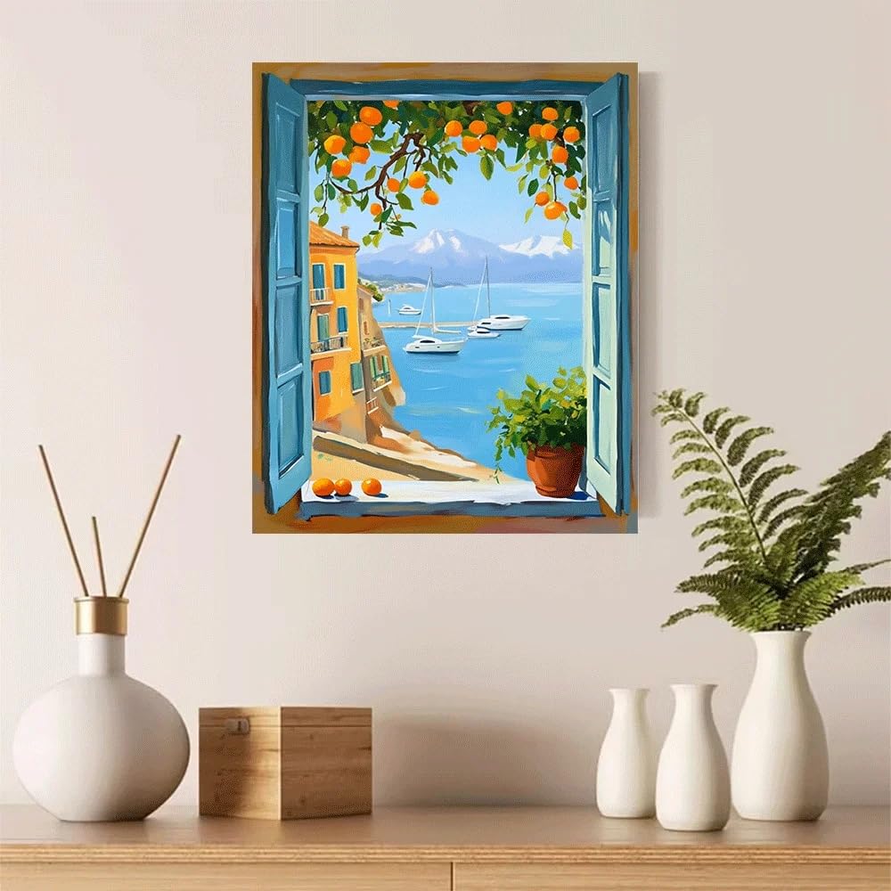 GOSRD Canvas poster Window View Sea Orange Tree Coastal Sailboats Mountain Landscape Art Print summer(70x100CM/Frameless)