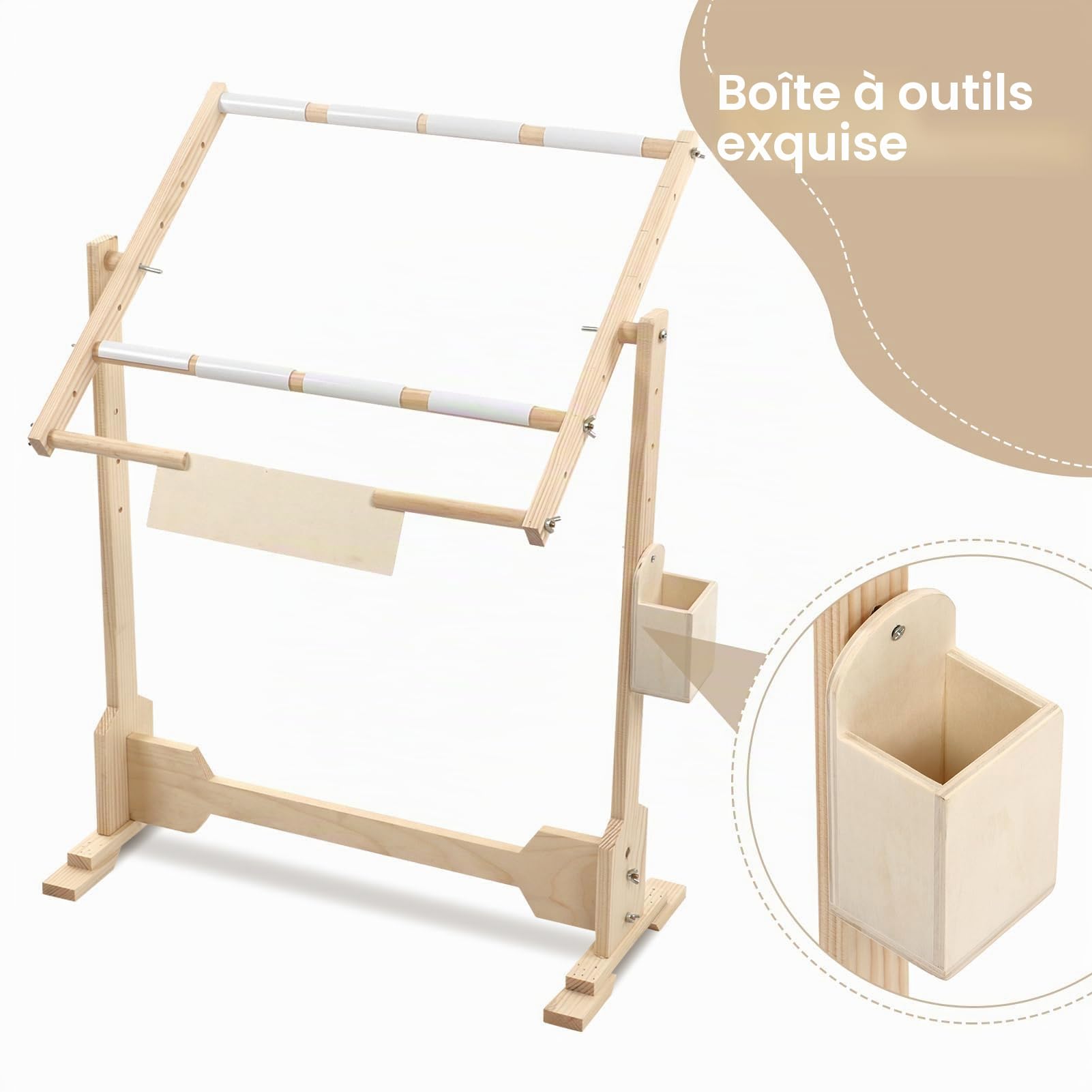 Support de broderie réglable en pin et PVC, Métier Grand Cadre de Broderie sur pied avec cadre à broder pour support de cadre de point de croix support pivotant 110 x 46 x 80 cm
