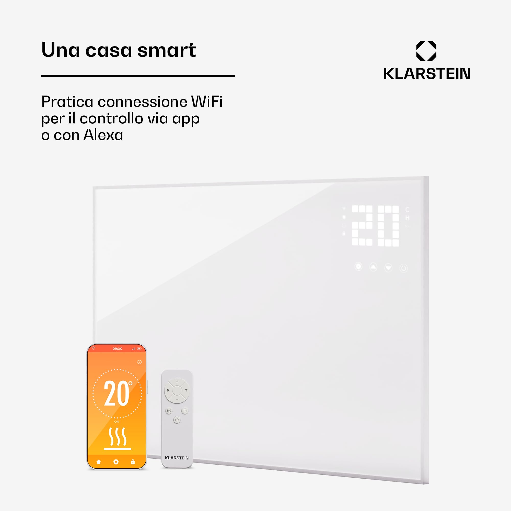 Klarstein Stufa Elettrica Infrarossi Basso Consumo, Pannello Radiante 600W, Telecomando e Timer, WiFi App per Riscaldamento No CO2