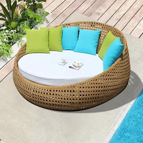 Image of DEVOKO Outdoor Double Seater Wicker Patio Weatherproof Daybed with Water-Resistant Cushions Furniture for Poolside,Garden,Balcony,Terrace(Honey Wicker & White Cushion)