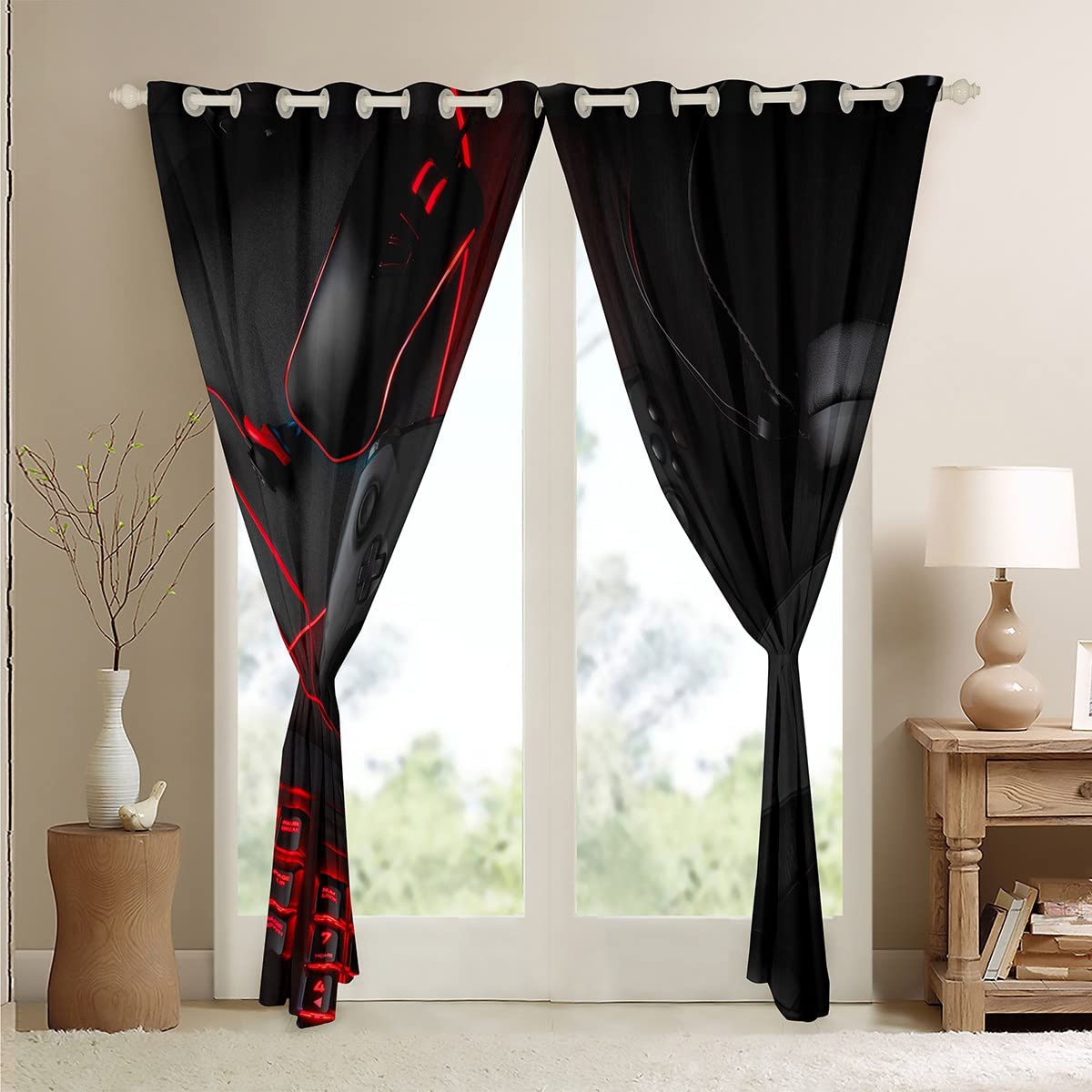 Loussiesd Giocare, tende opache per camera da letto, soggiorno, per ragazzi e ragazzi, cuffie, console da gioco, tastiera del mouse, tenda da finestra, colore nero, rosso, 175 x 140 cm, set da 2
