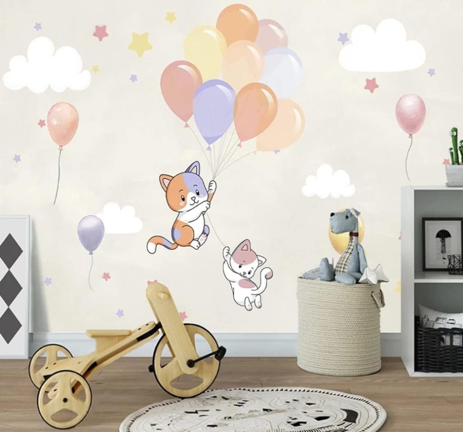 Xlming 430Cm×300Cm(B×H) Cartoon Hot Air Balloon Hand Drawn Kitten Clouds 3D Wallpaper Luxury Silk Study Dining Feature Sofa Grey Bedroom Living Room Tv Decorative Wall-430Cm×300Cm