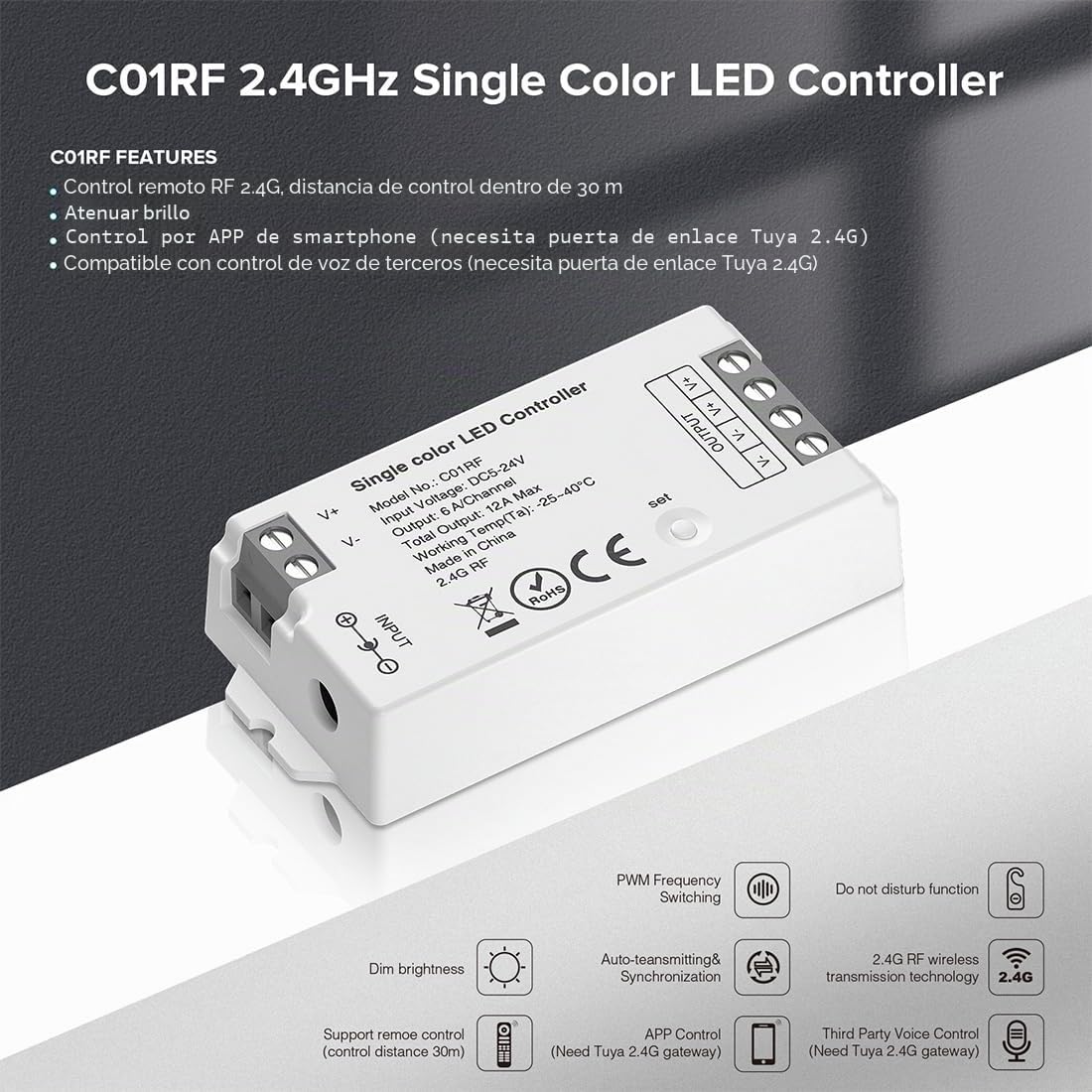 SEZO 2.4G RF Controlador LED Monocromático C01RF y RC01RFB 4 Zonas Mando a Distancia Inalámbrico Control de Grupo Brillo Ajustable para FCOB 3528 tiras LED Monocromáticas