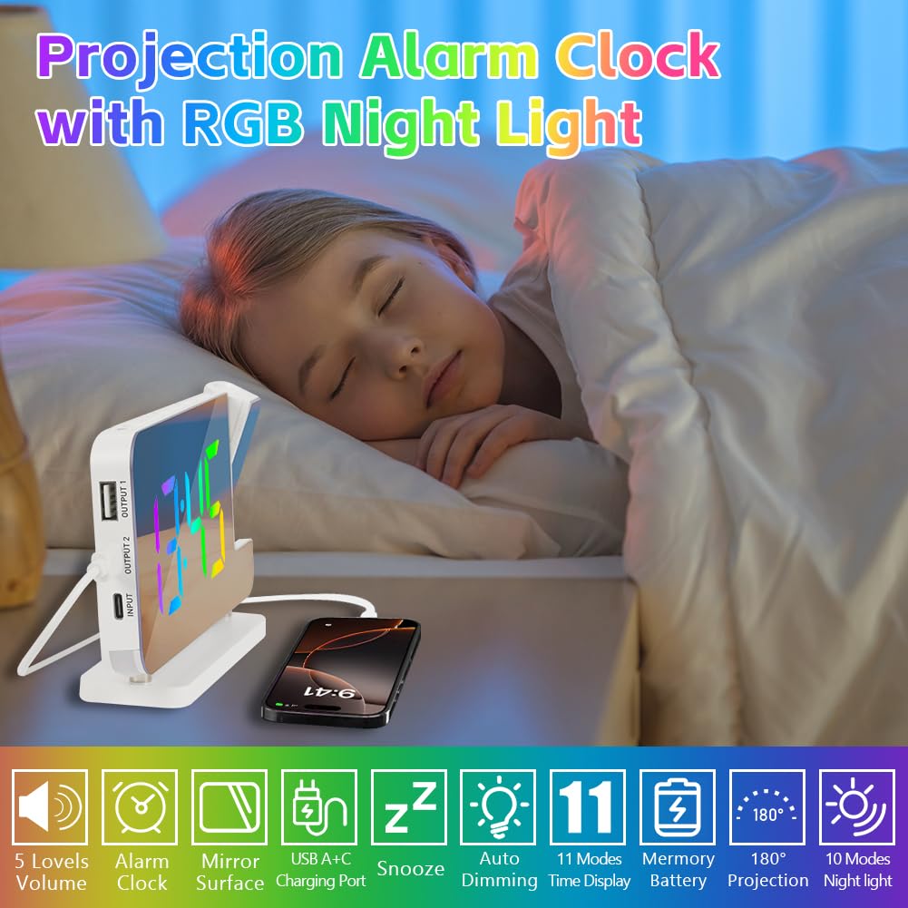 Sveglia con Proiezione, Sveglia con Schermo LED di Proiezione, Porta USB-C, Volume Allarme Luminosità Regolabile, per Camera da Letto, Soffitto, Parete, Casa, Bambini, Anziani
