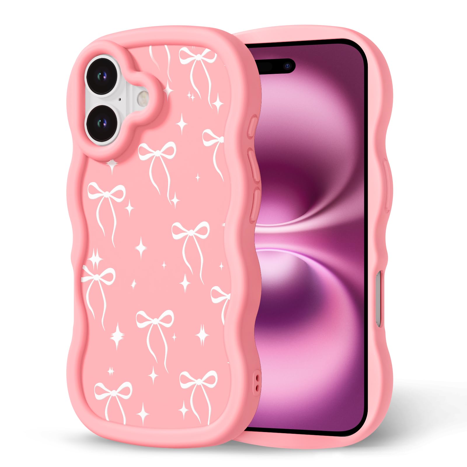 Compatible with iPhone 16 Case for Women Girls Curly Wavy Frame with Cute Pattern Aesthetic Slim Soft Silicone