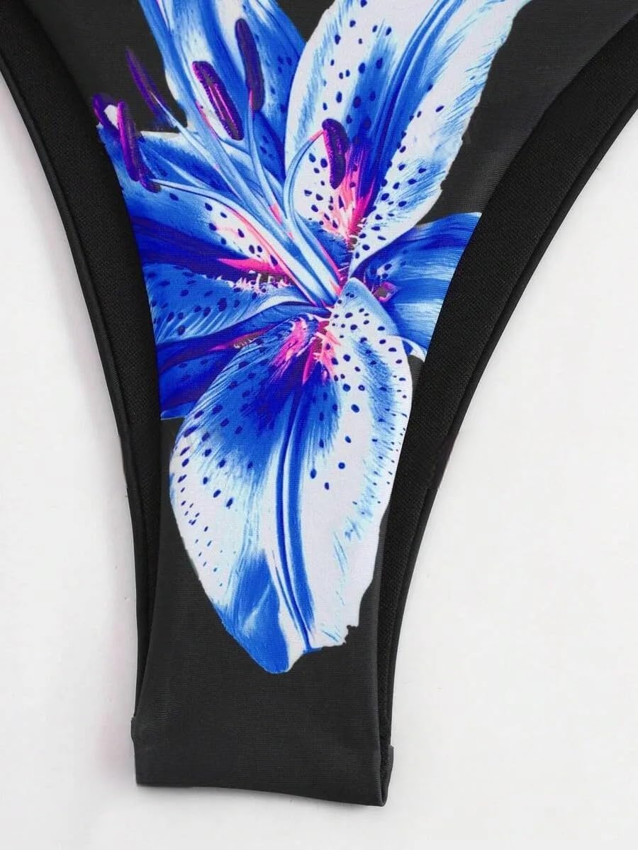 ZAFUL Womens 3pcs Swimsuit Floral Halter Triangle Bikini Top Tie Side Bottom with Long Sheer Cover Up Skirt - Image 5