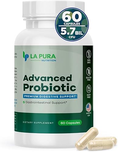 LaPura Probiótico avanzado Apoyo digestivo premium para la salud intestinal e inmune, 60 cápsulas 5.75 mil millones de probióticos UFC, incluyendo
