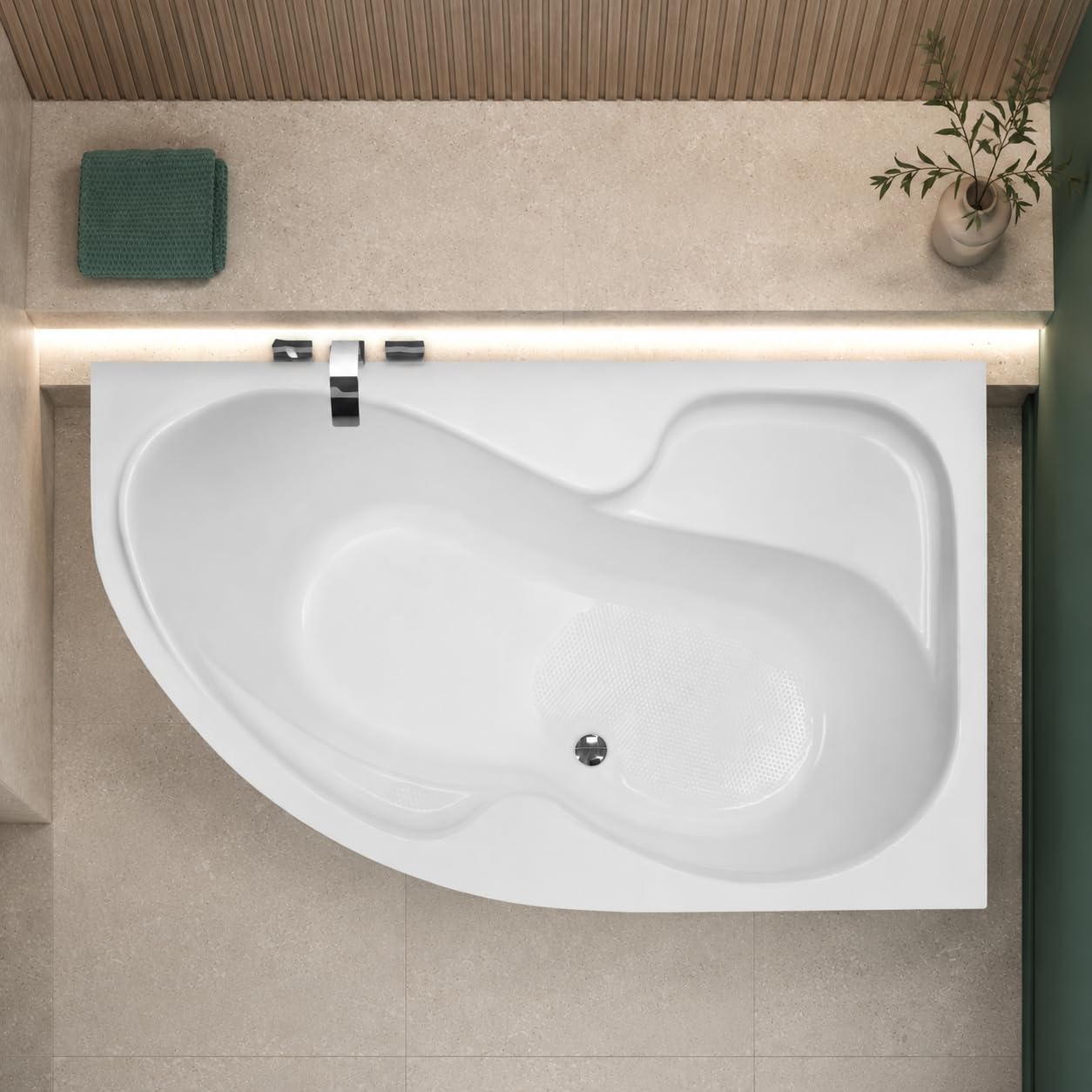 Wanna narożna ECOLAM® WELA 170x100 cm PRAWA z obudową | Wanna akrylowa, Wanna sanitarna akrylowa | Obudowa akrylowa + zagłówek Mare + automatyczny spust i armatura przelewowa | Antypoślizgowe, łatwe w