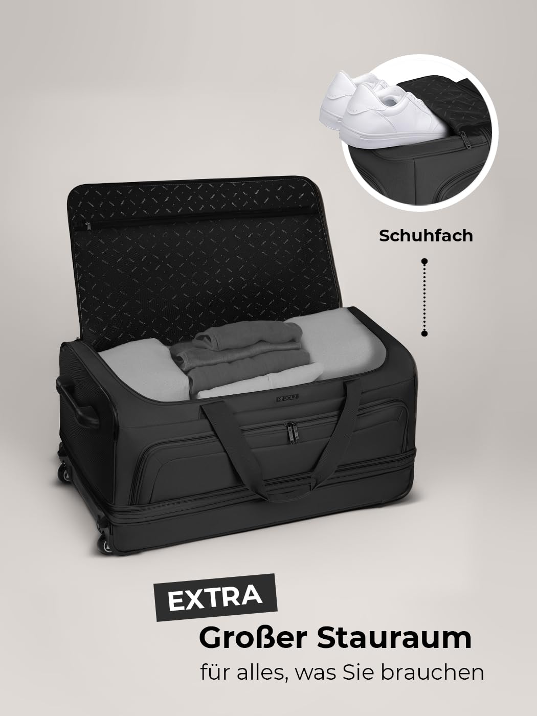 REDOLZ XL sehr große Jumbo Trolley-Reisetasche mit Rollen 80 cm [Sondergröße] Volumen mit Dehnfalte erweiterbar von 110 auf 140 Liter | extra Bodenfach für Männer & Frauen (Duffle Essentials)