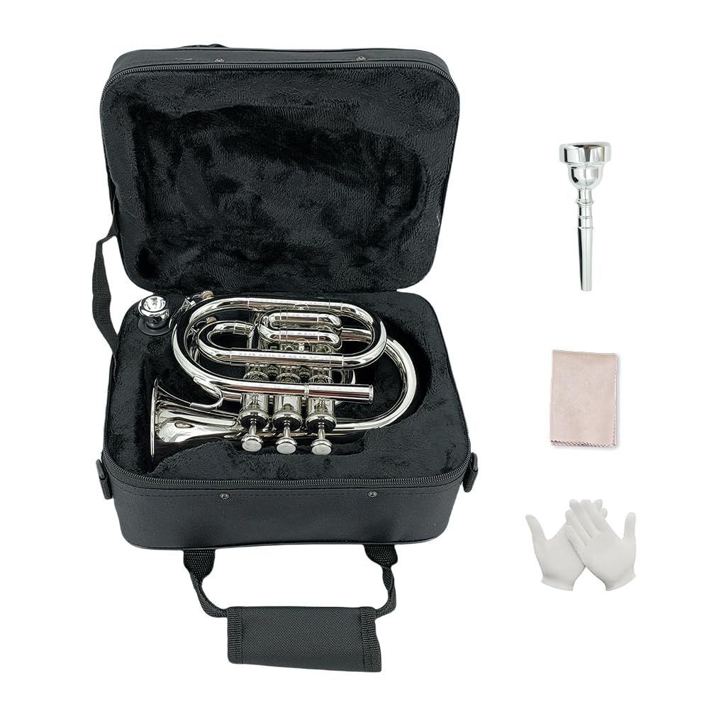 Tromba tascabile professionale in ottone, finitura laccata, con custodia per il trasporto e accessori per la pulizia per principianti e musicisti (argento)