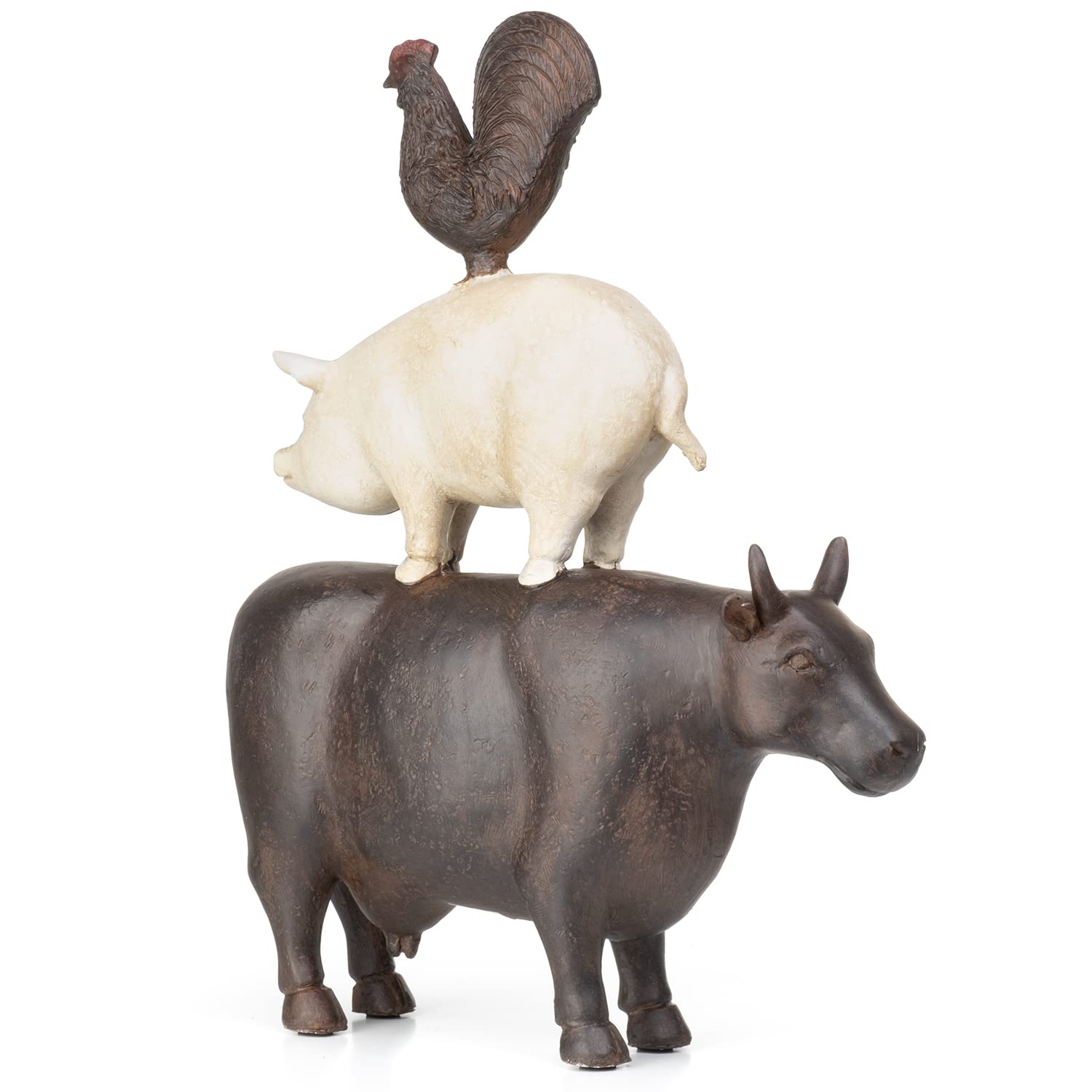 Moritz Deko-Figur Kuh Schwein und Hahn Stehen aufeinander aus Polyresin Dekorations Idee Standdeko Tierwelt Statue Skulptur