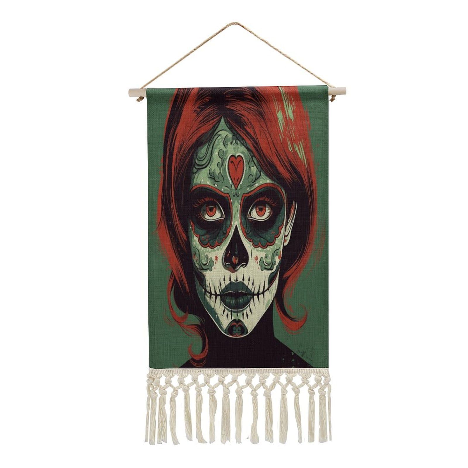 Adfgyerh Style Skull Makeup Tapestry With Tassels Cotton And Linen Hanging Posters, Wall Art For Travel Gift, Wall Tapestry For Office Home Decor Bedroom Living Room Decor