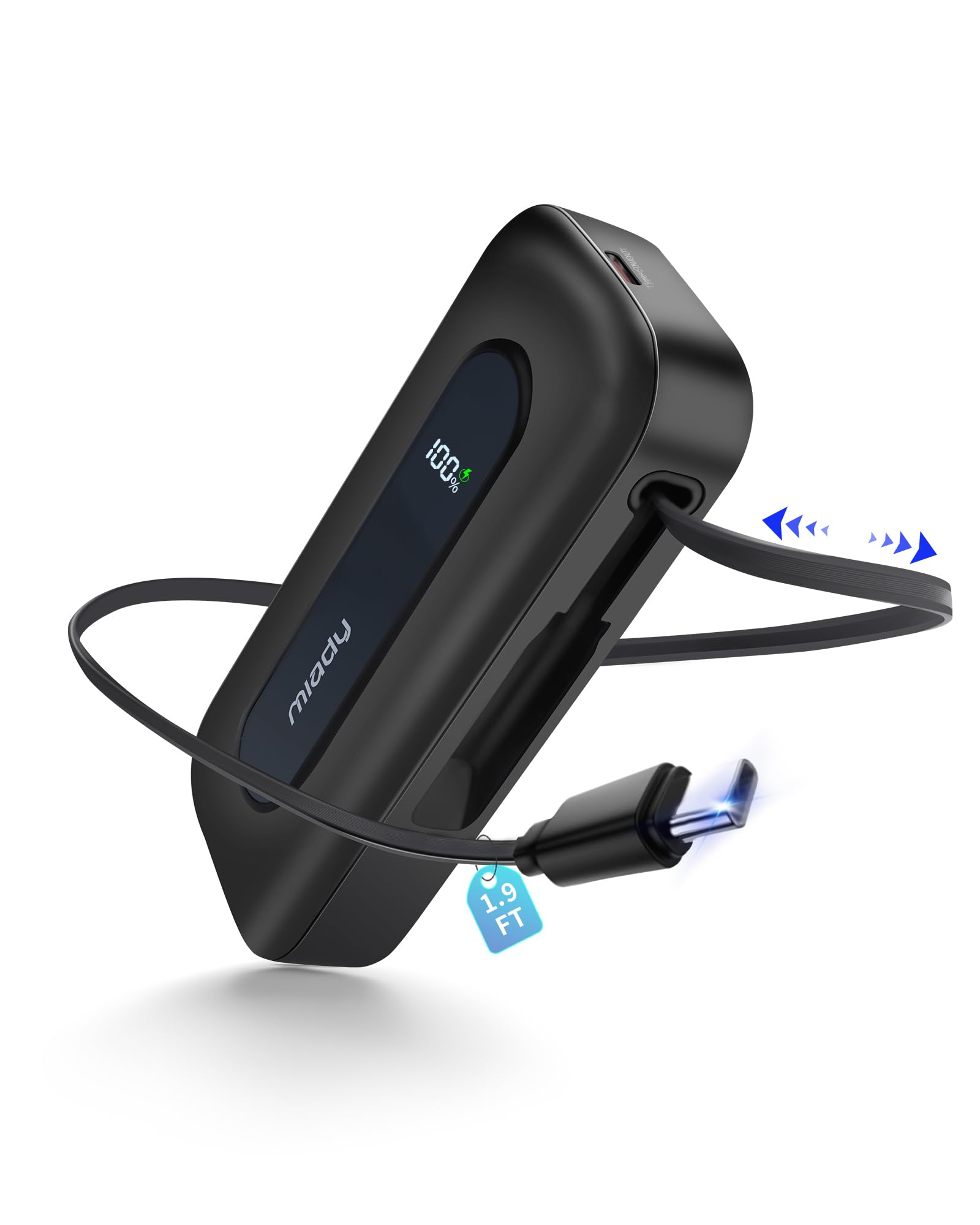 Miady Portable Charger 10000mAh PD 30W Fast Charging Power Bank with Built-in 1.9ft Retractable USB-C Cable & LED Display Small Battery Pack Compatible with iPhone 16/15 Series, Galaxy, Android, iPad