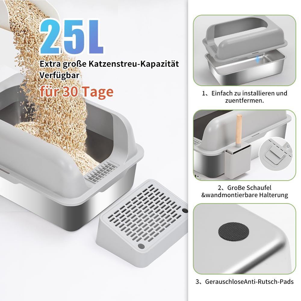 KMNSUN Lettiera XXL, Lettiera chiusa in acciaio inox, Lettiera grande (per gatti di grossa taglia), design chiuso con bordi alti, antiaderente, a prova di perdite e facile da pulire