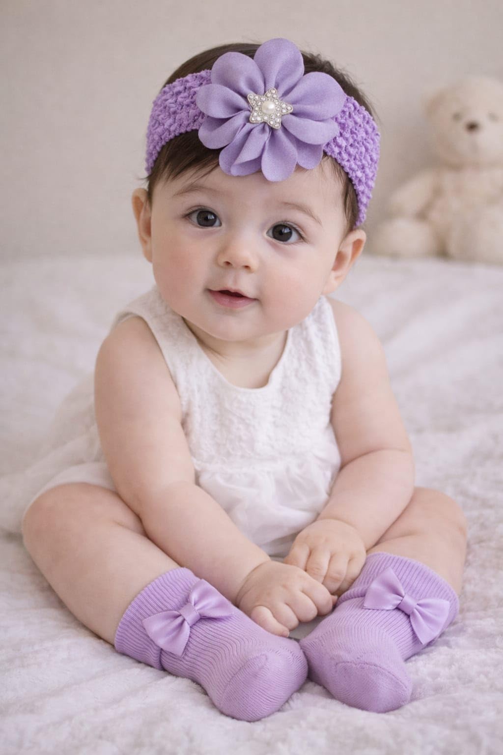 taapatup Socks with Matching Hairband for Girls, Infant Accessory Set, Age 0-12 Months (Purple)-picture-19