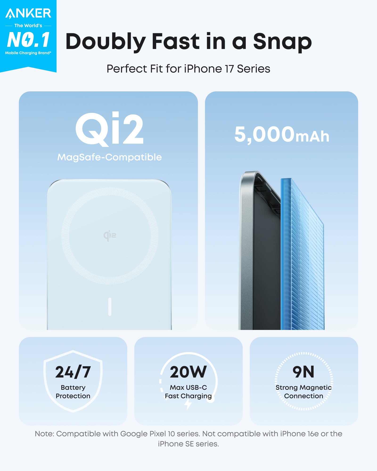 Anker Nano Powerbank, Ultraschlanke 5000mAh Magnet-Powerbank, Qi2-zertifiziert, 15W Max ultraschnelles Laden, MagSafe-kompatibel, tragbares Ladegerät, Ergonomisches Design, Für iPhone 16/15/14/13/12