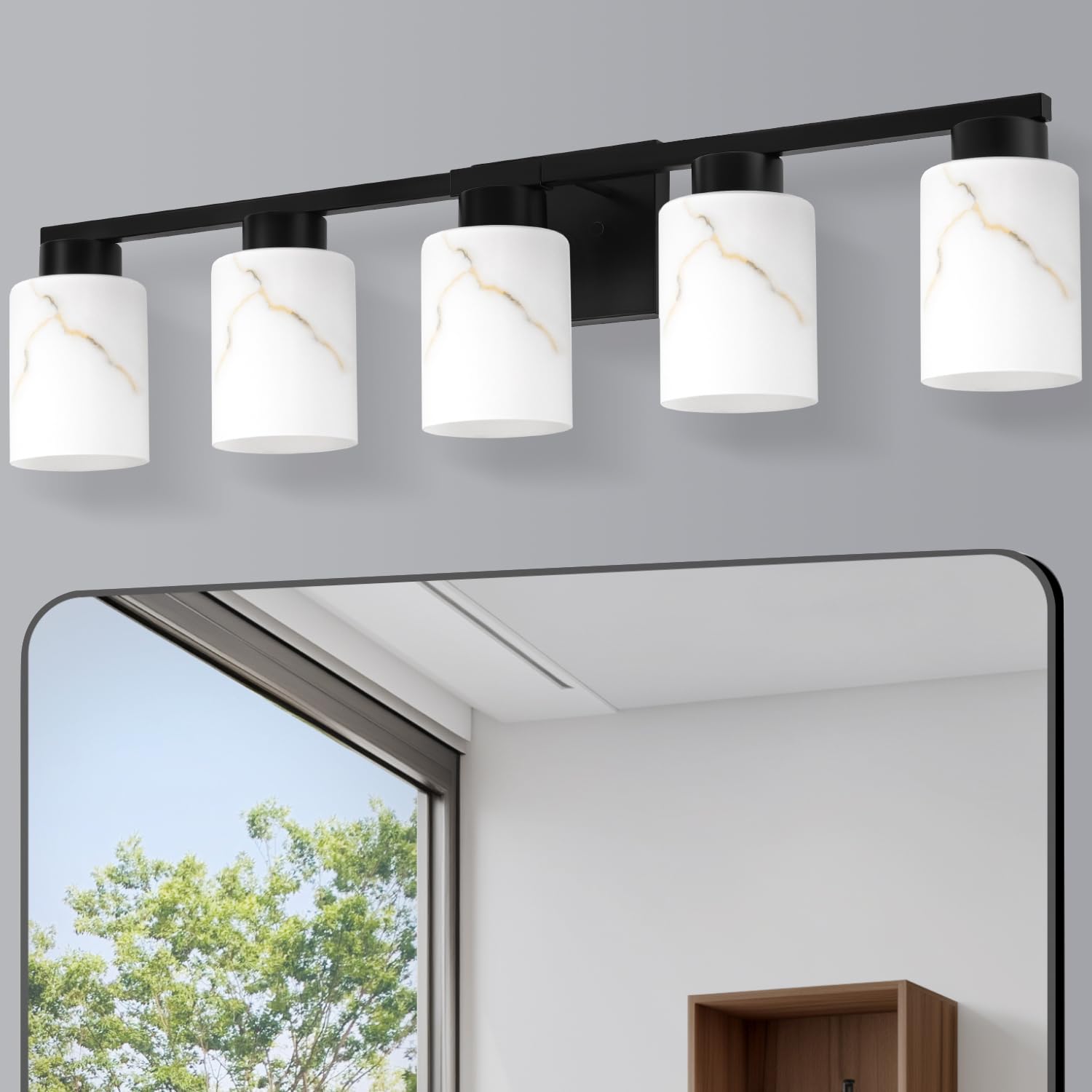 Mieloxiy 5-Light Bathroom Light Fixtures, Modern Vanity Lights, Black Metal Wall Lamp with White Marble Glass for Bathroom, Mirror, Living Room,
