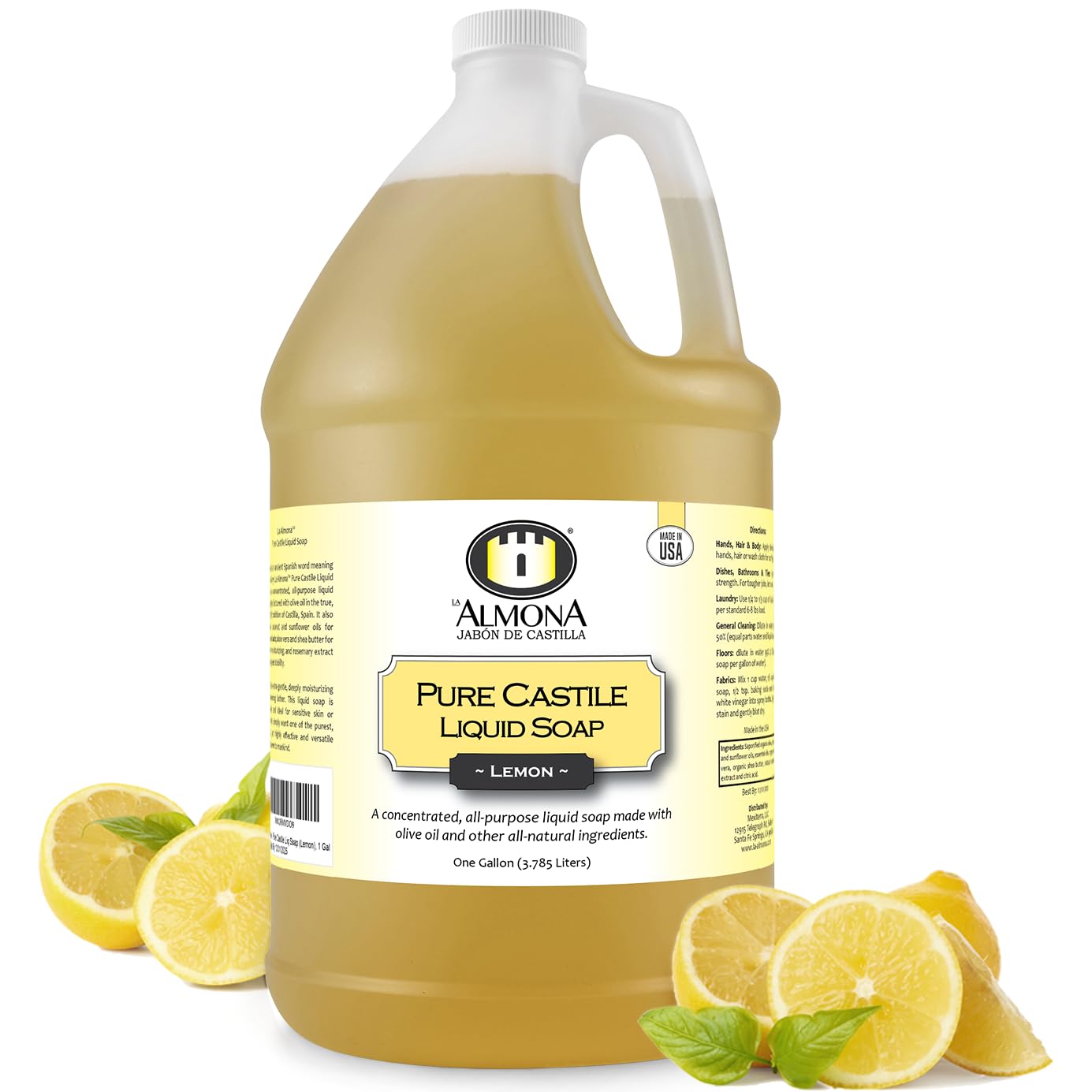 Pure Castile Liquid Soap, LEMON, 1 Gallon - Multipurpose: Hands, Face, Body, Laundry, Dishes & More - For Sensitive Skin, All-Natural Ingredients, Scented with Essential Oils