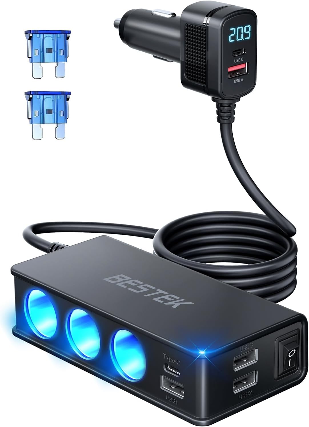 BESTEK 9 in 1 Cigarette Lighter Splitter 148W 3-Socket Car Cigarette Lighter PD30W and 4 USB-A QC3.0 18W with LED Display 12V/24V Cigarette Lighter Adapter for Dash Cam, GPS, iPad/Laptop/Phone