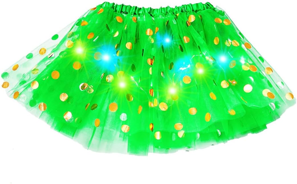REETAN St. Patrick's Day Light up Tutu Skirt Green Polka Dot Irish Ballet Dance Skirts for Girls