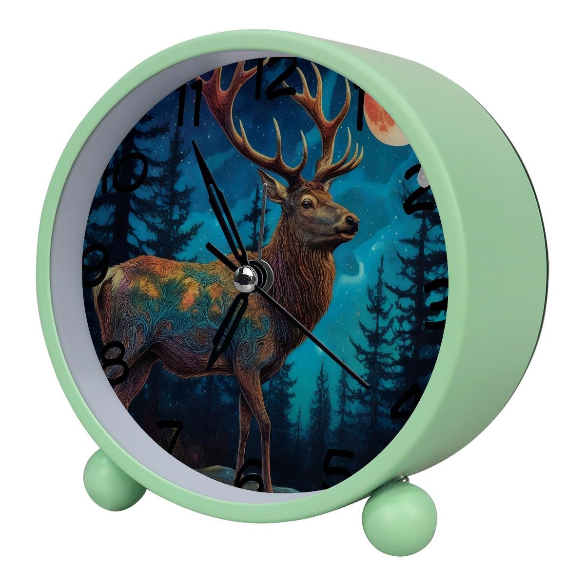 Luoweisi Analog Alarm Clock Forest Deer Moon, Silent Non-Ticking with Night Light, Battery Operated, Round Desk Alarm Clock for Office, Bedroom, Elderly, Adults, Children, Student Gifts