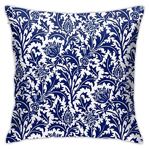 Akame William Morris Thistle Damask Cobalt Blue White Throw Pillow Cover Cozy Square Throw Pillowcases Home Decoration For Bed Couch Sofa Living Room Cushion Cover 18''X18'', One Size #TOP7