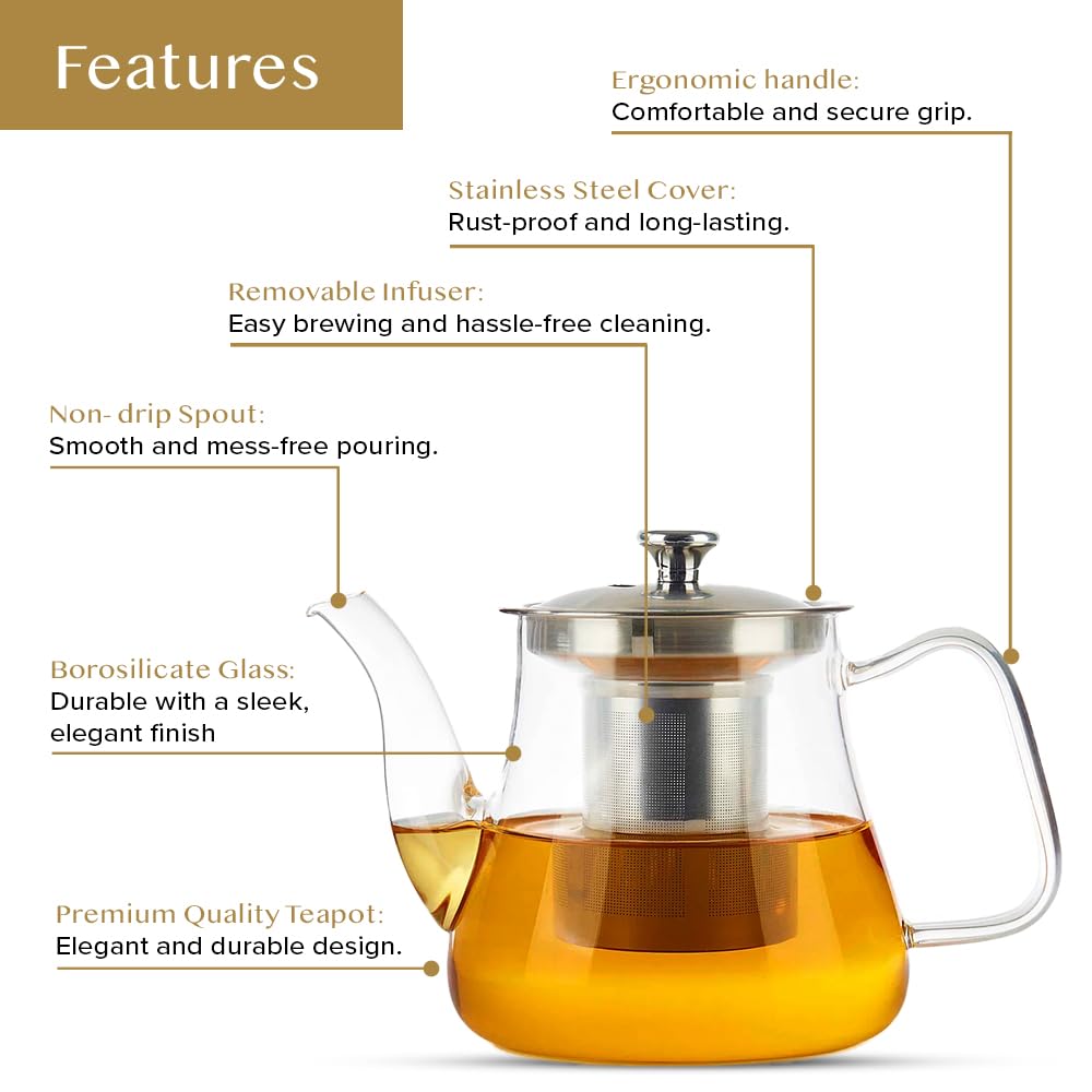 VAHDAM, Radiance- Teiera Vetro | Teiera con Infusore | Teiere da 1000 ml per tè sfuso | Perfect Tea Maker | Infusore Tè | Resistente ai graffi infusore tisana